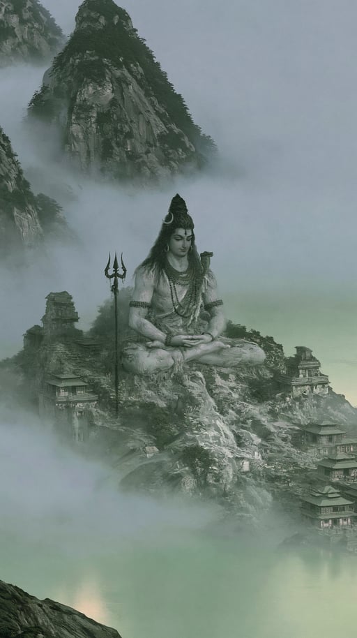 A colossal statue of Lord Shiva meditating on a misty mountain peak surrounded by ancient temples.