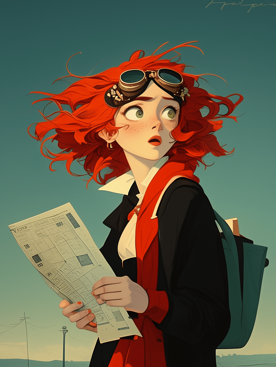 Red-haired girl in brass goggles looks back startled while holding a map against a teal sky.