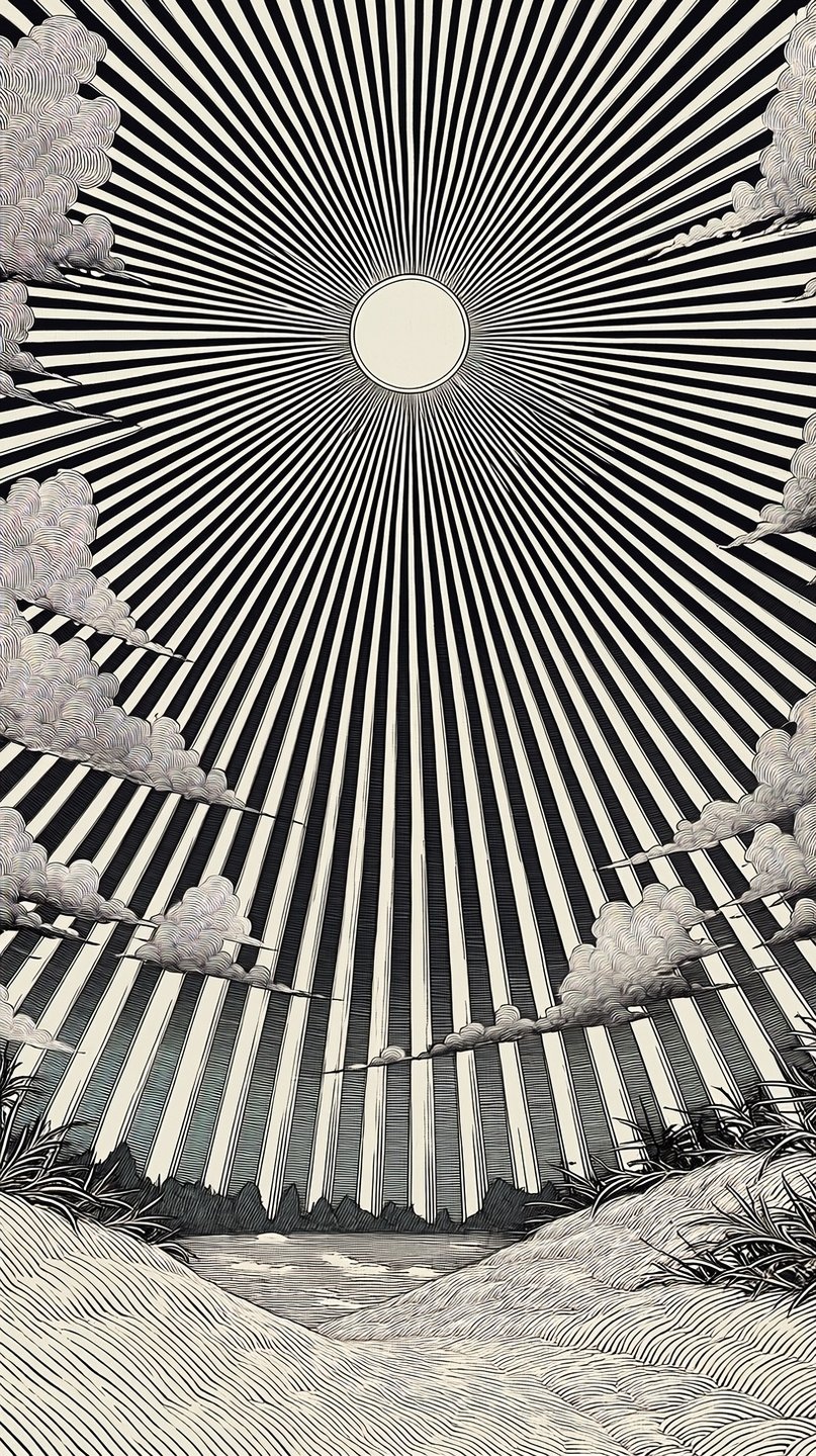 Stylized woodcut illustration of a central sun emitting bold radiating rays over clouds and rolling sand dunes.