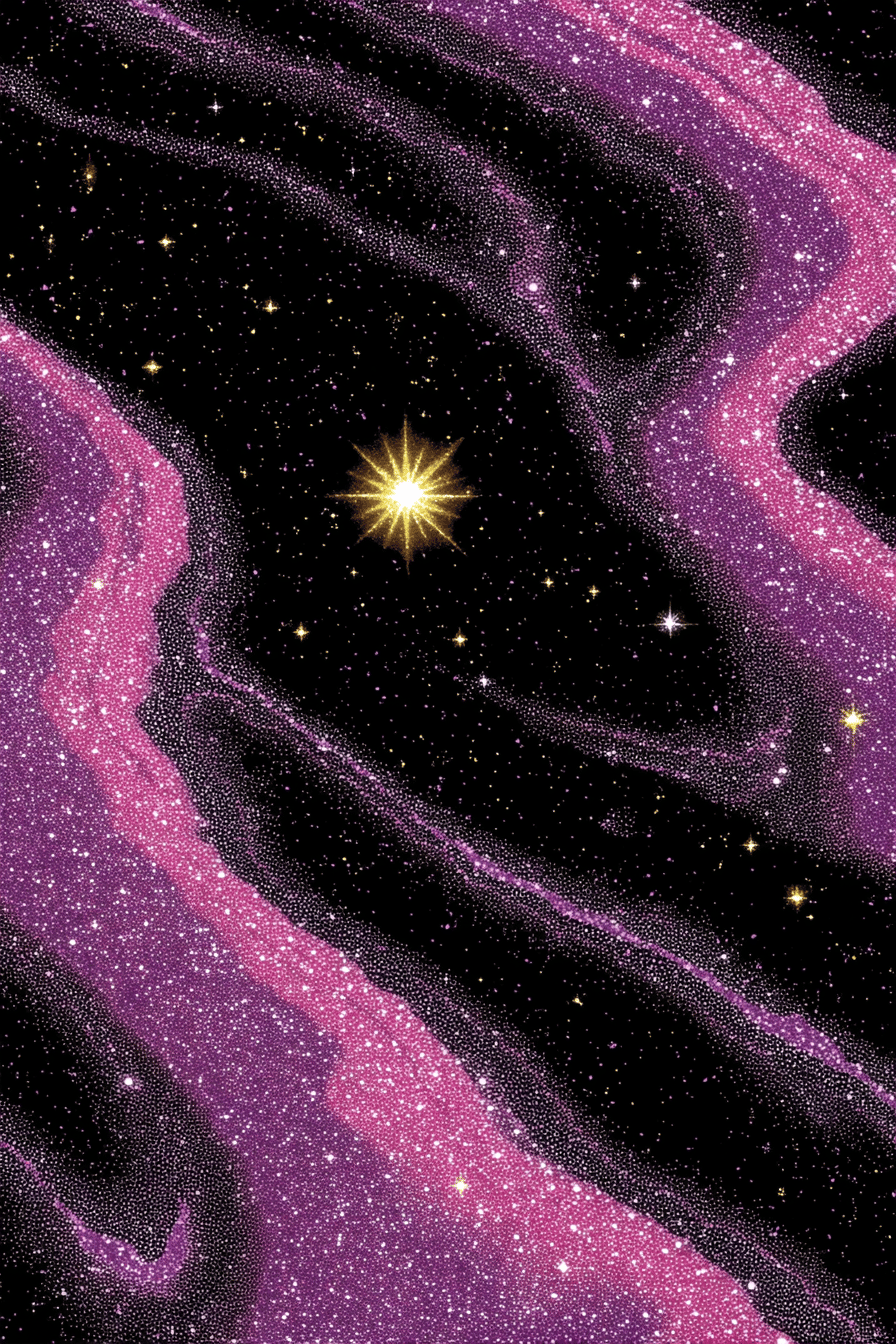 Bright yellow star centered between two flowing pink and purple stippled nebulae on a dark starry background.