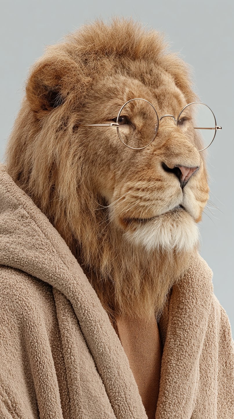 Close-up of a lion wearing round wire-rimmed glasses and a textured beige bathrobe against a gray background.