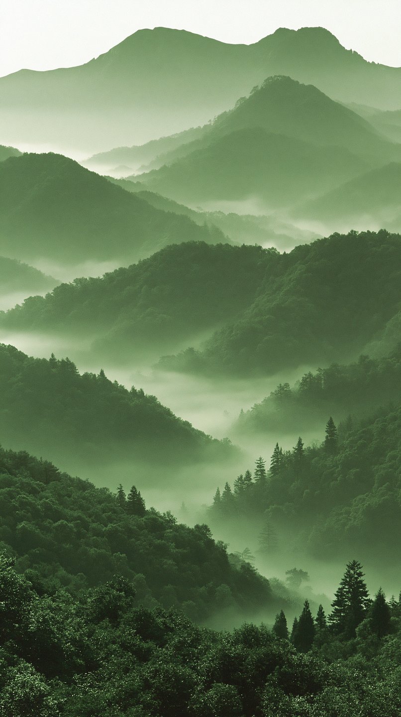 Layered green mountain ridges shrouded in thick white fog with pine trees dotting the slopes.