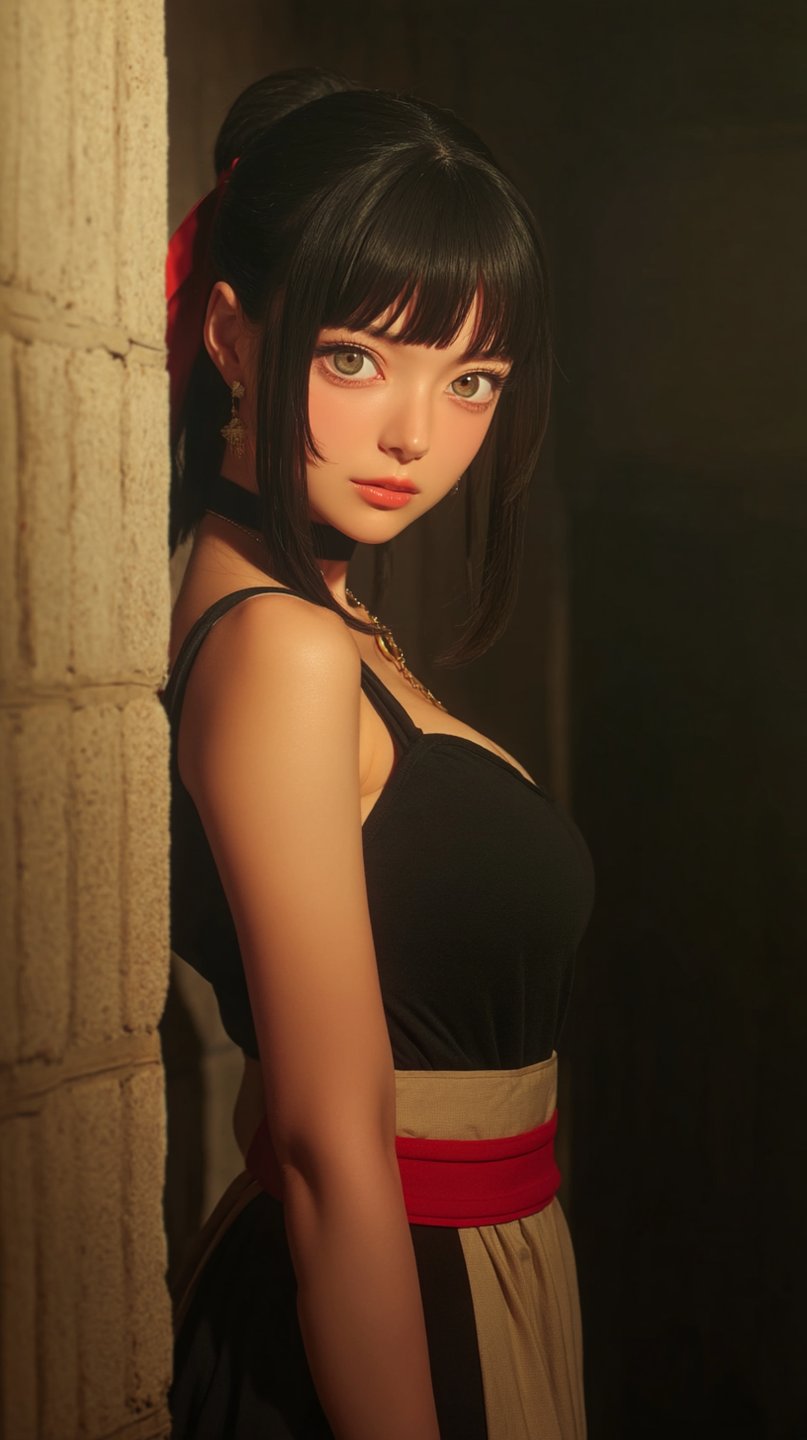 Young woman with black hair and red ribbon leaning against a stone wall in dramatic lighting.