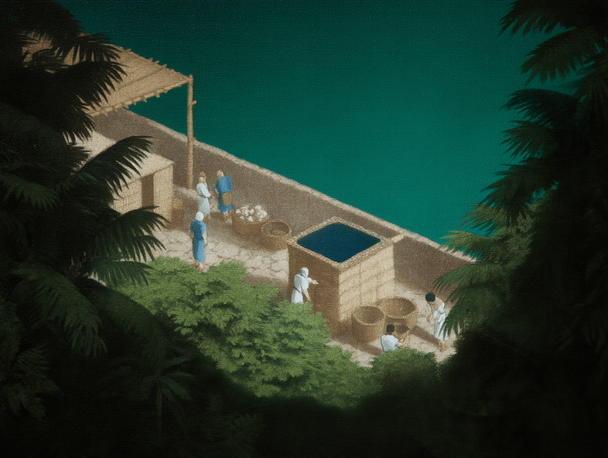 Isometric view of ancient figures in tunics working around a stone cistern near deep teal coastal water.