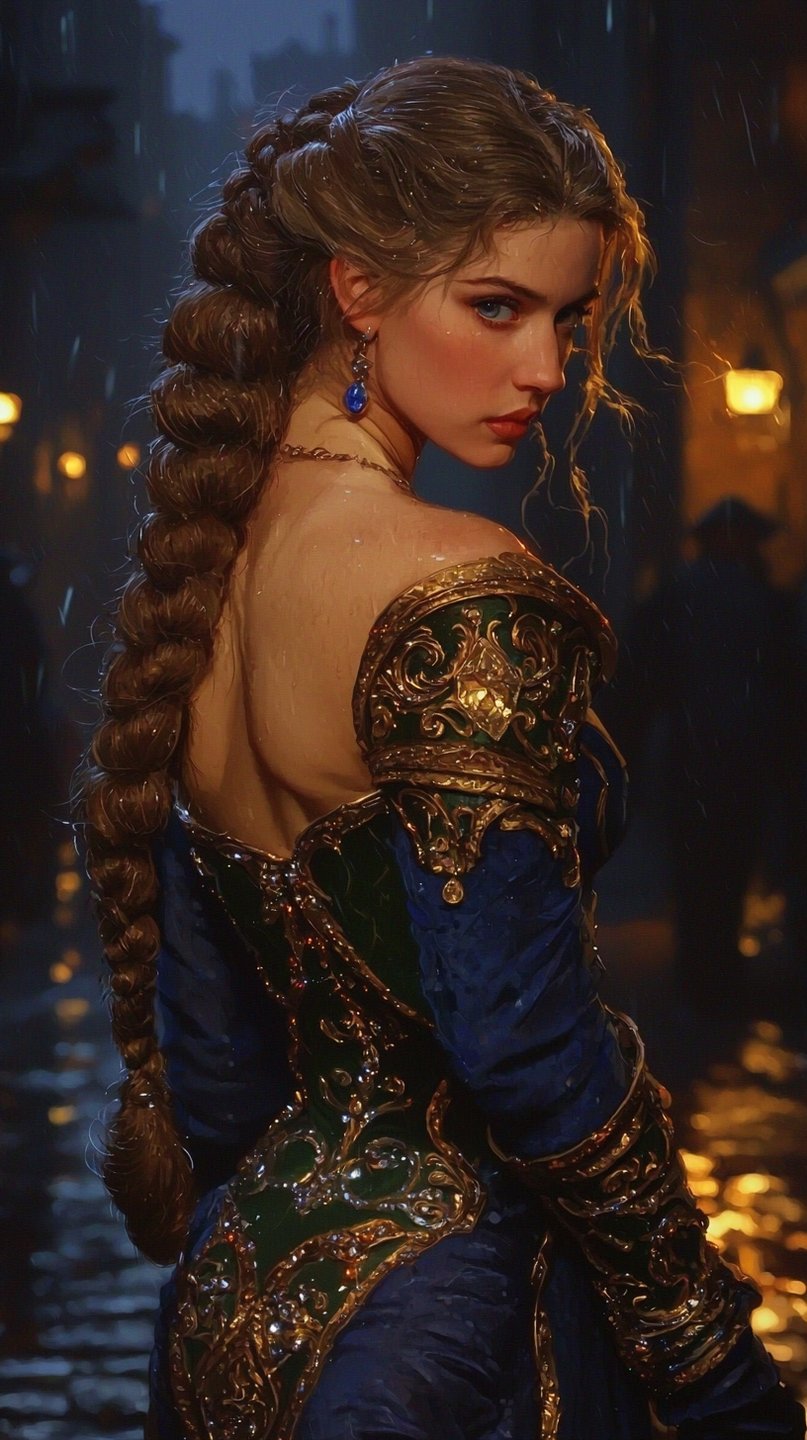 A young woman with a long braid wearing ornate blue and gold attire in a rainy night.