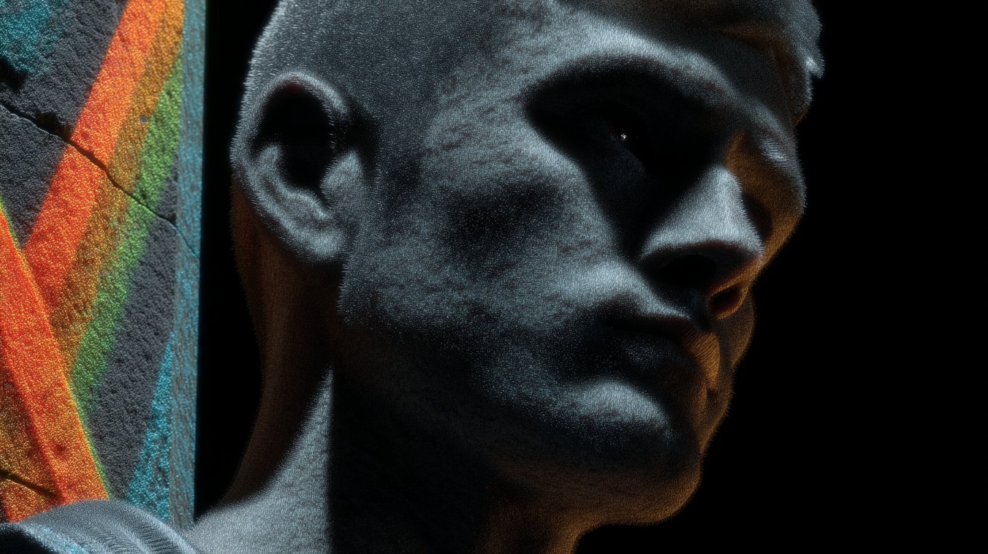 Chiseled stone-textured male bust in profile against a dark background with vibrant rainbow graffiti highlights.