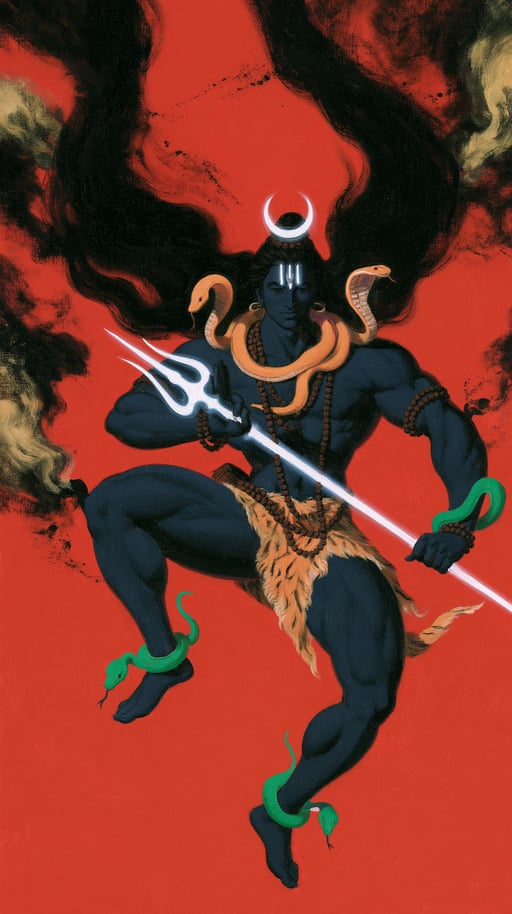 Lord Shiva with blue skin dancing dynamically while holding a glowing white trident against a solid red background.