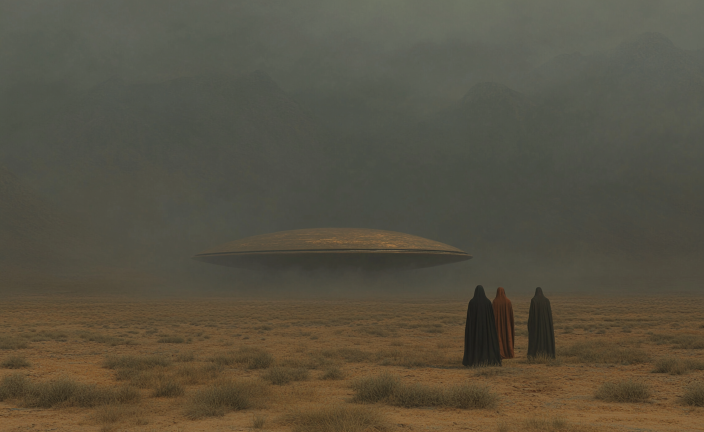 Three cloaked figures stand in a misty desert watching a large golden saucer craft hover near mountains.