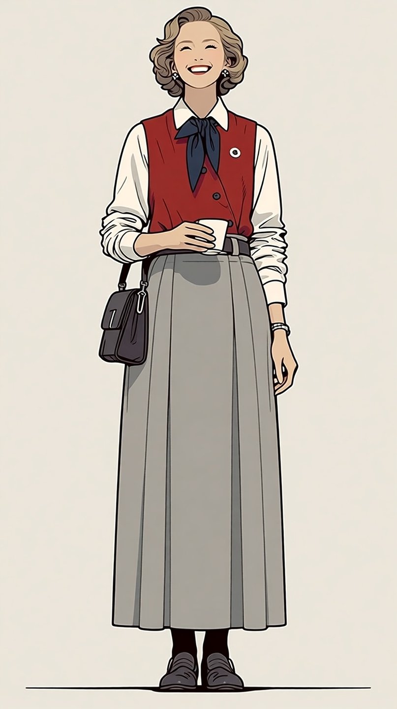 Stylized illustration of a smiling woman wearing a red vest, grey pleated skirt, and holding coffee.