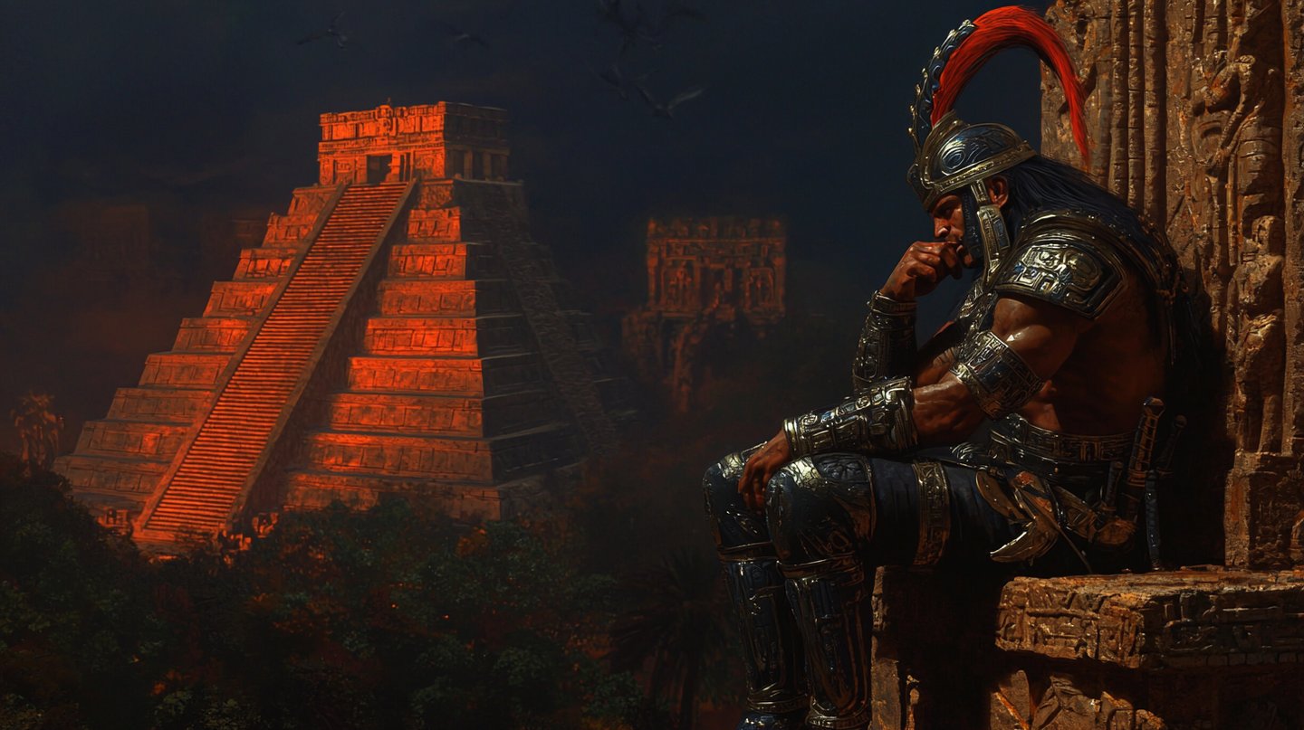 An armored warrior sits pensive on a throne overlooking a glowing stepped pyramid in a dark jungle.