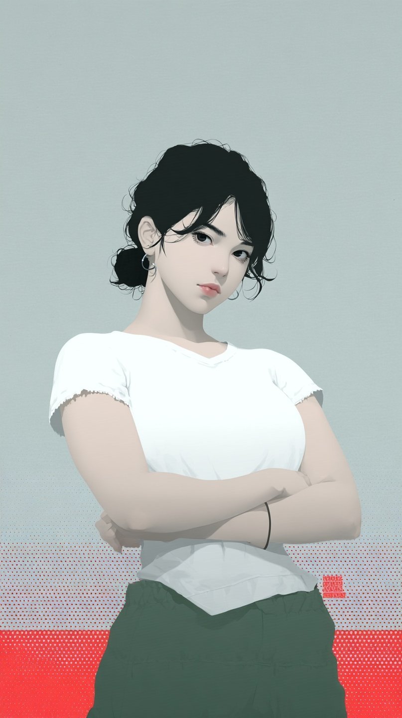 Young woman with dark hair and crossed arms wearing a white t-shirt against a gray background.