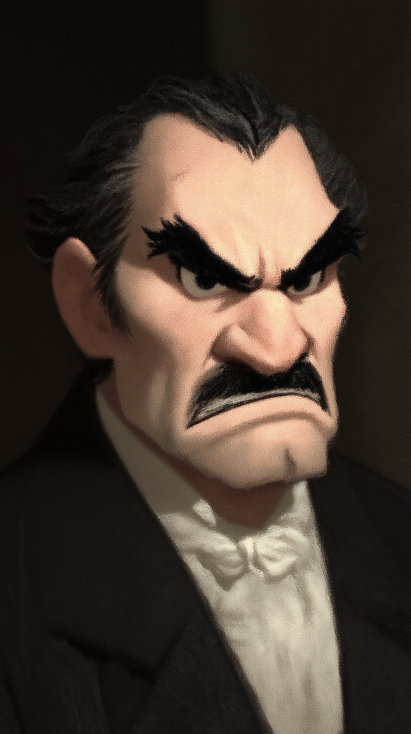 Close-up portrait of a stern Victorian man with thick black eyebrows, a mustache, and white cravat.
