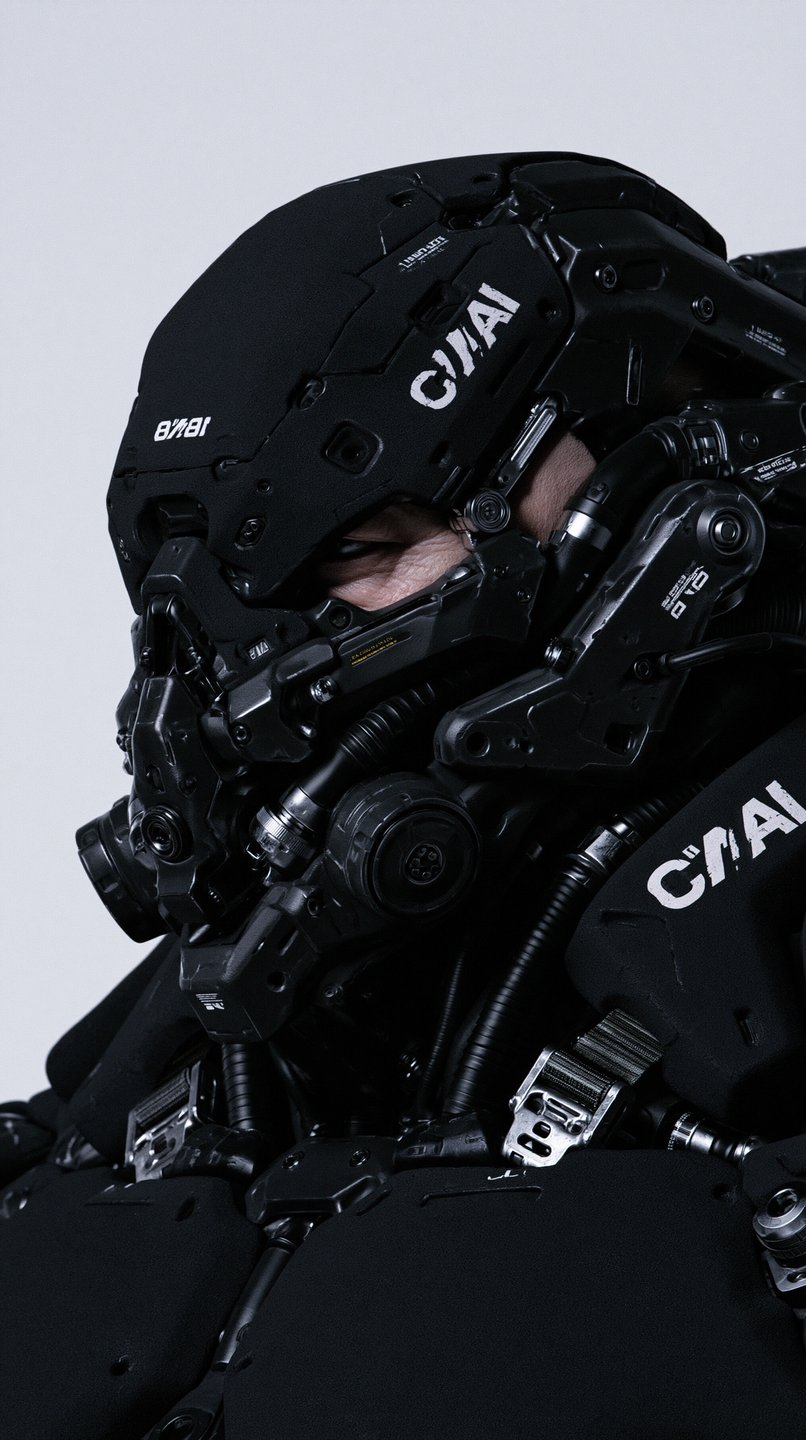 Close-up profile of a person wearing a matte black cybernetic tactical helmet with white graphic decals.