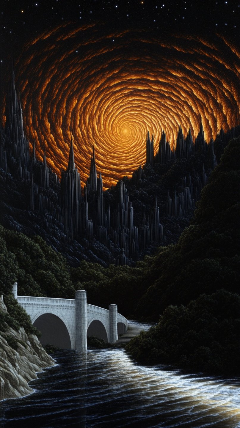White stone bridge spanning a dark river under a massive glowing orange vortex and gothic spires.
