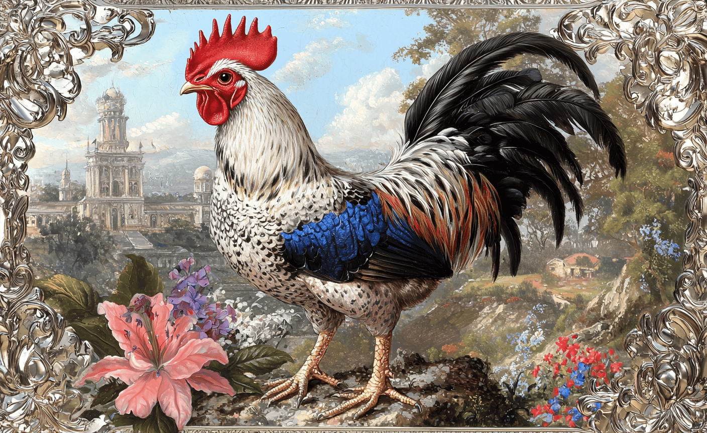 Majestic rooster with vibrant plumage standing before a classical palace landscape inside an ornate silver filigree frame.