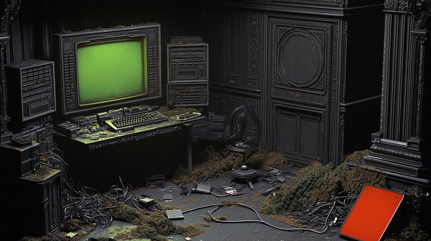 Vintage computer with glowing green screen sits on a moss-covered desk in a dark ornate room.