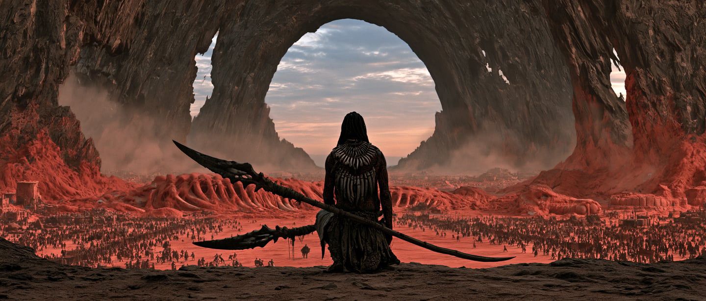 A lone warrior with a double-ended spear sits before a colossal stone archway overlooking a vast crimson army.