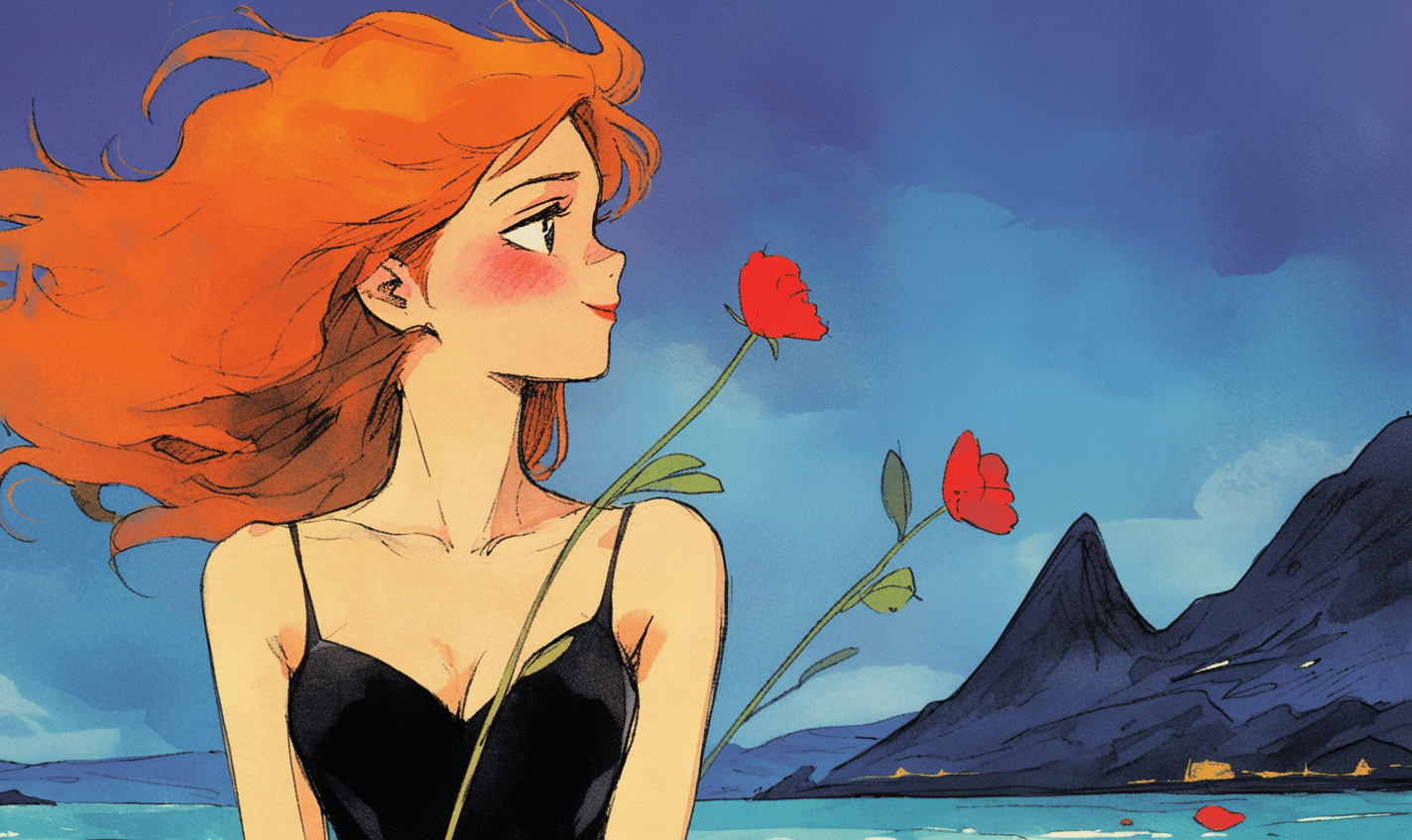 Profile of a young woman with orange hair beside red poppies against blue mountains and sea.
