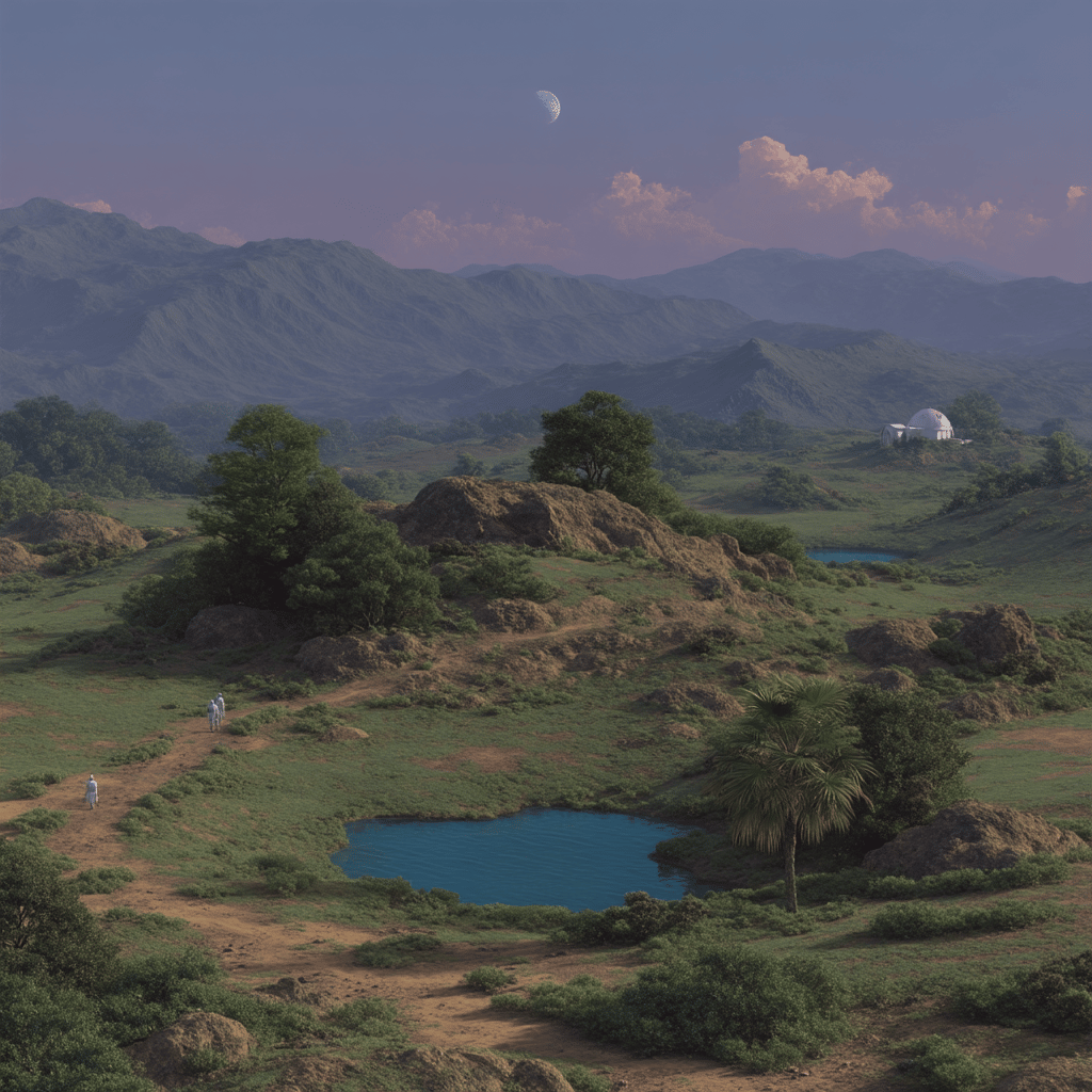 Expansive green valley with small blue ponds, explorers on a path, and a dome under a crescent moon.