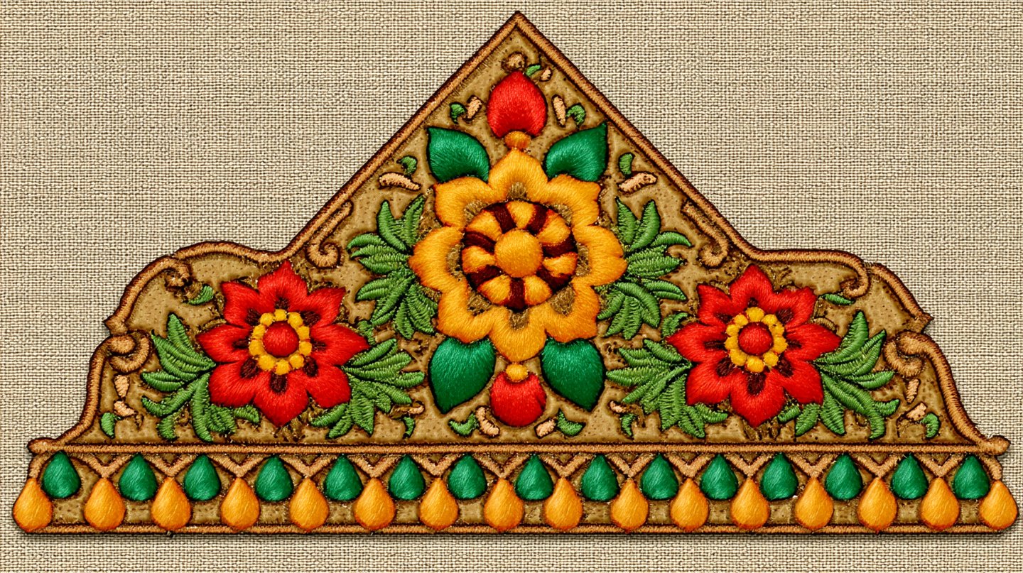 Symmetrical embroidered floral pediment with red and yellow blossoms and green leaves on linen fabric.
