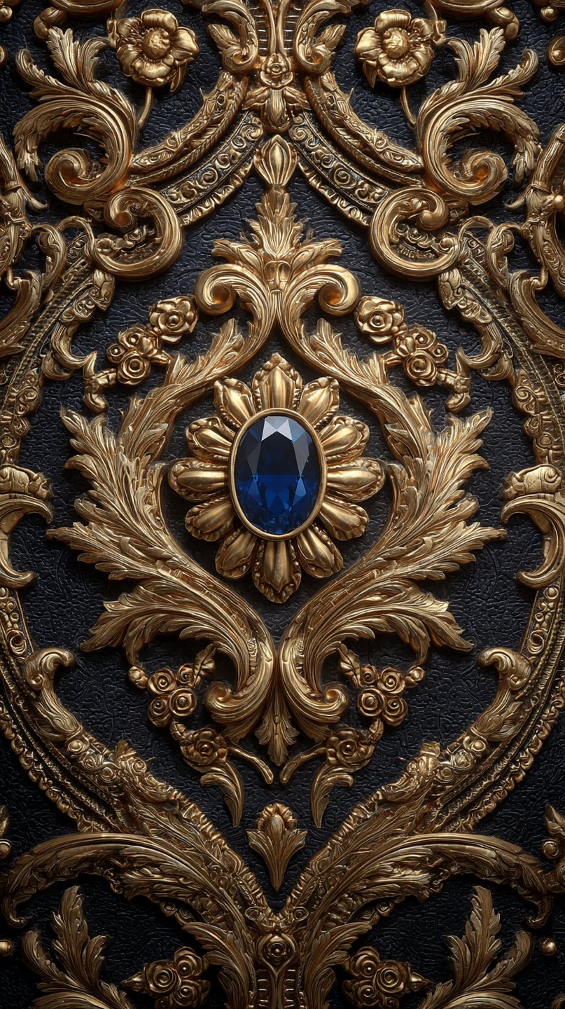 Intricate gold baroque filigree with a central oval blue sapphire set against a textured black leather background.