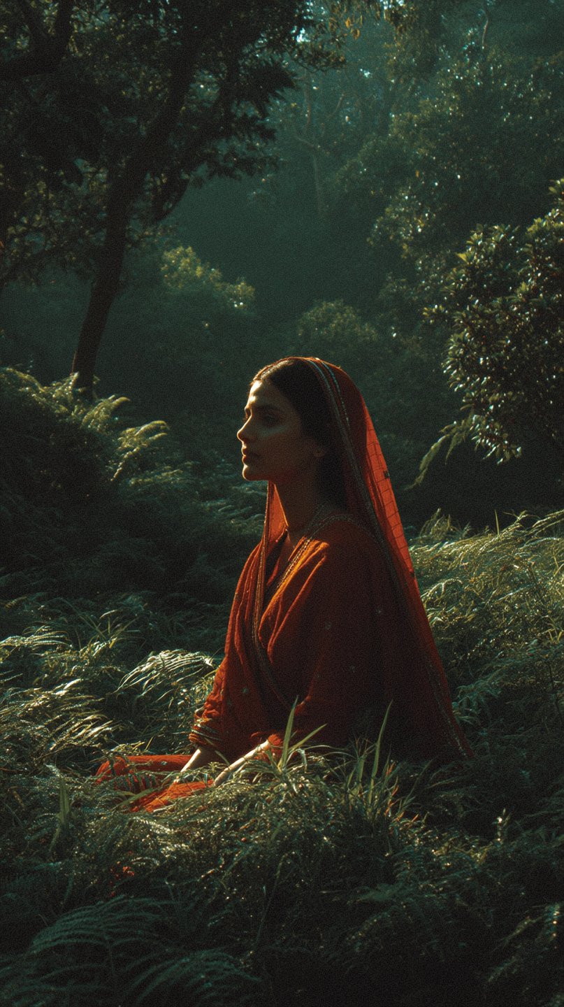 Young woman in a red dupatta sitting in a sun-drenched forest surrounded by dense green ferns.