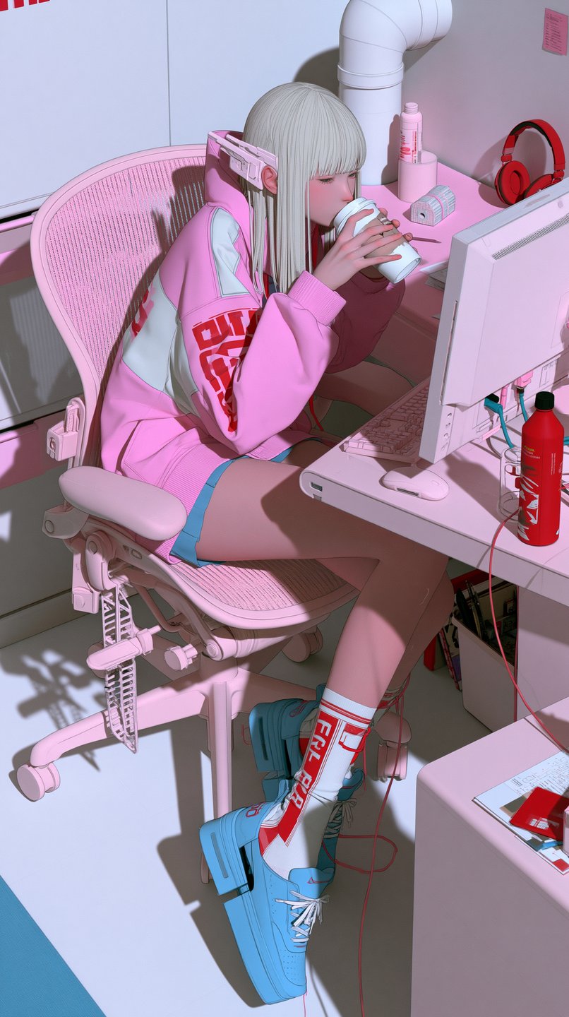 White-haired young woman in a pink hoodie drinks coffee at a pastel pink computer desk.
