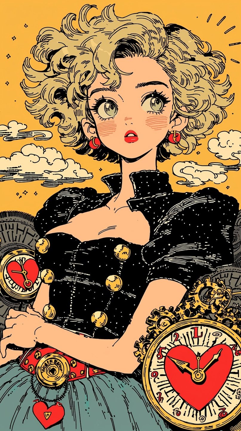 Blonde anime girl in a black dress surrounded by heart-shaped clocks and golden gears against yellow sky.