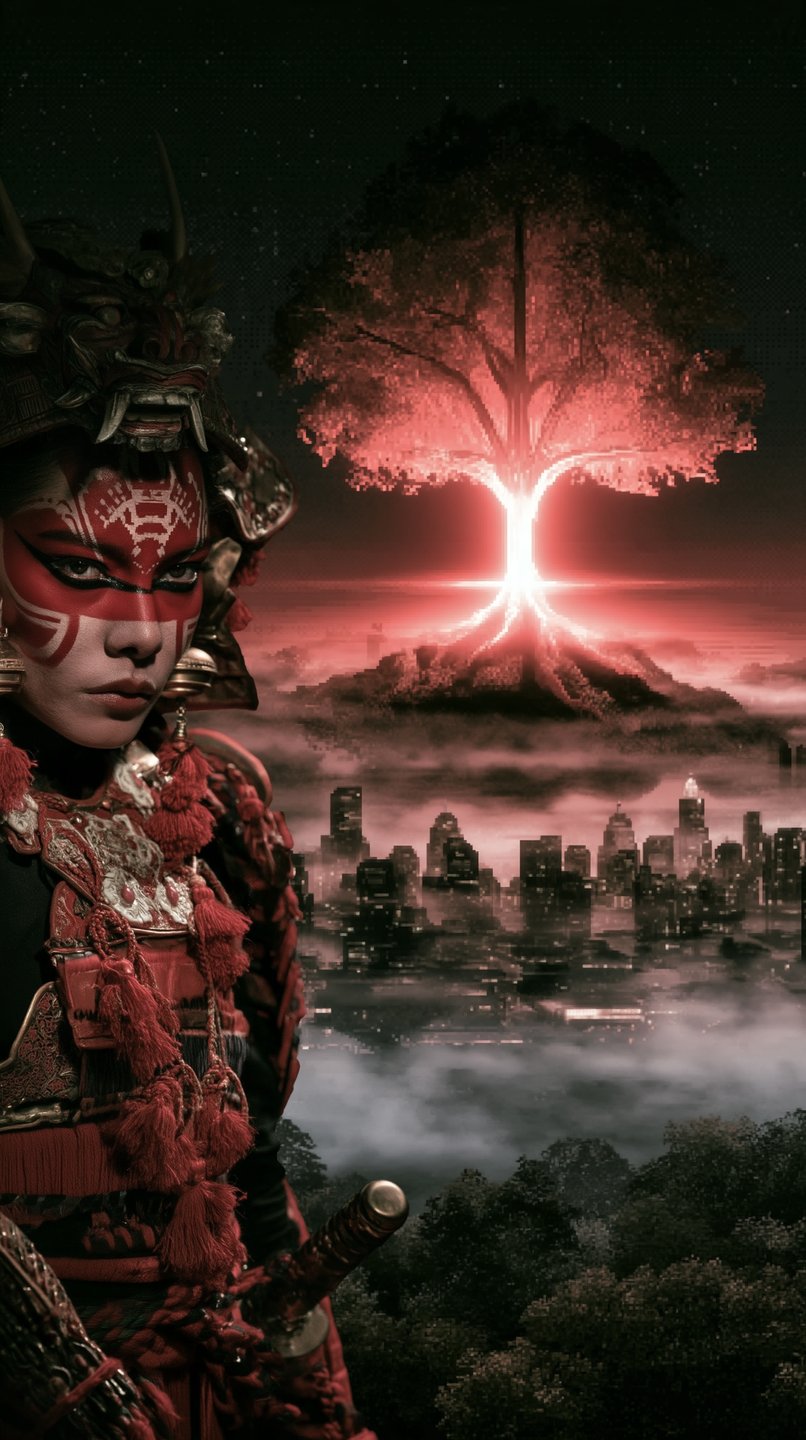 Female samurai in traditional red armor stands before a luminous red tree towering over a modern cityscape.