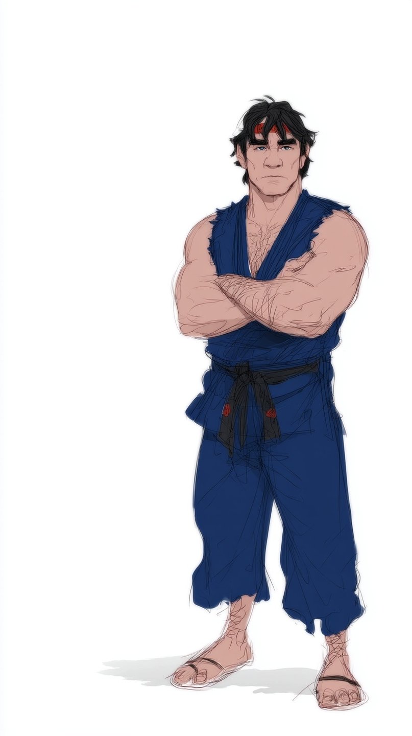 Muscular male martial artist in a blue gi and red headband standing with crossed arms against white background.