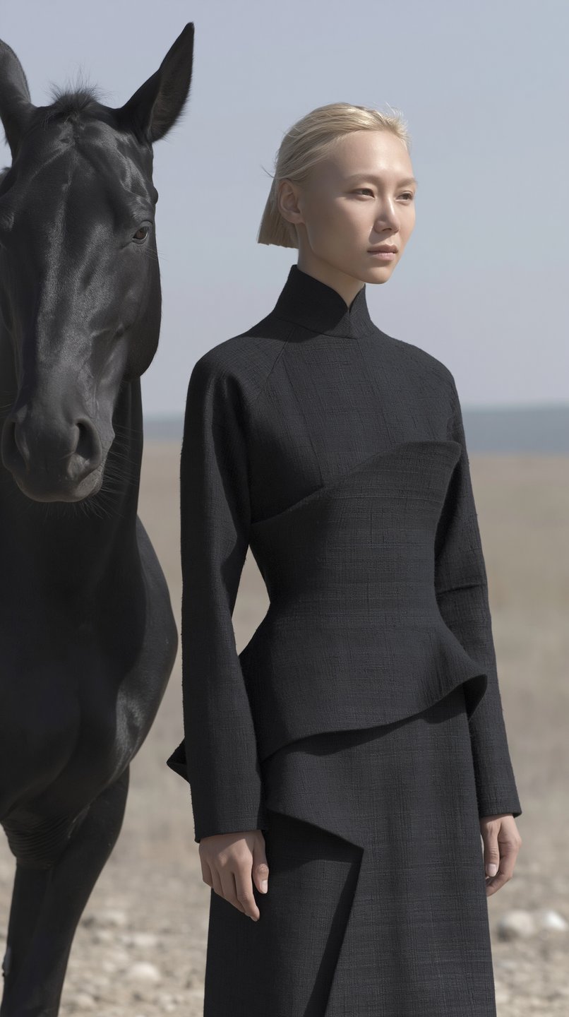 Blonde woman in a structured black dress stands stoically beside a black horse in a desert.