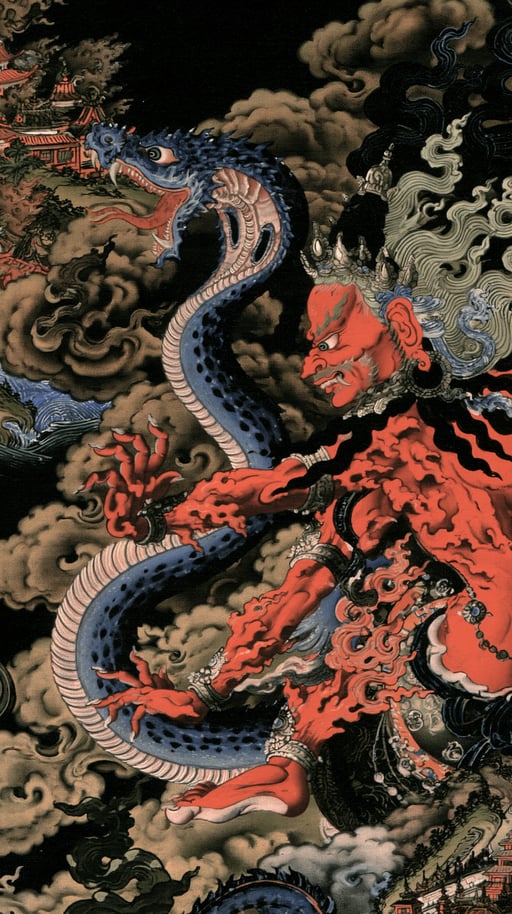 Wrathful red Tibetan deity gesturing dynamically next to a coiling blue serpent amidst stylized dark clouds.