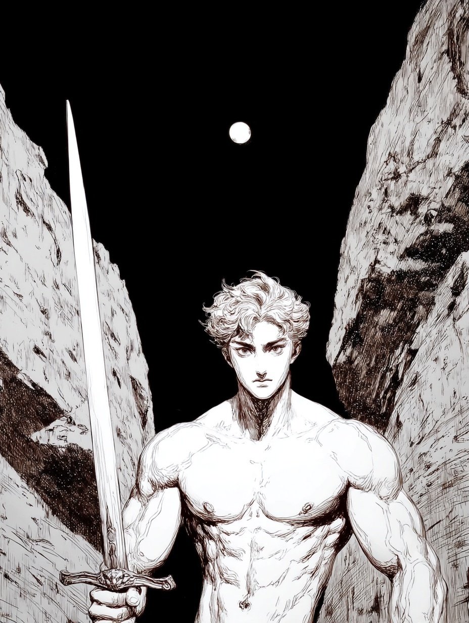 Muscular shirtless warrior holding a longsword between rocky cliffs under a moonlit night sky in ink style.