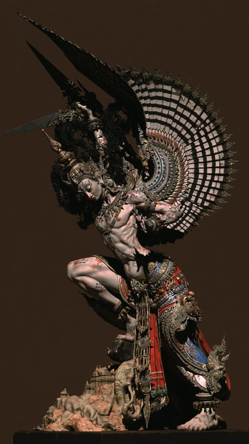 Ornate winged deity sculpture in a dynamic crouching pose holding a dagger against a dark background.