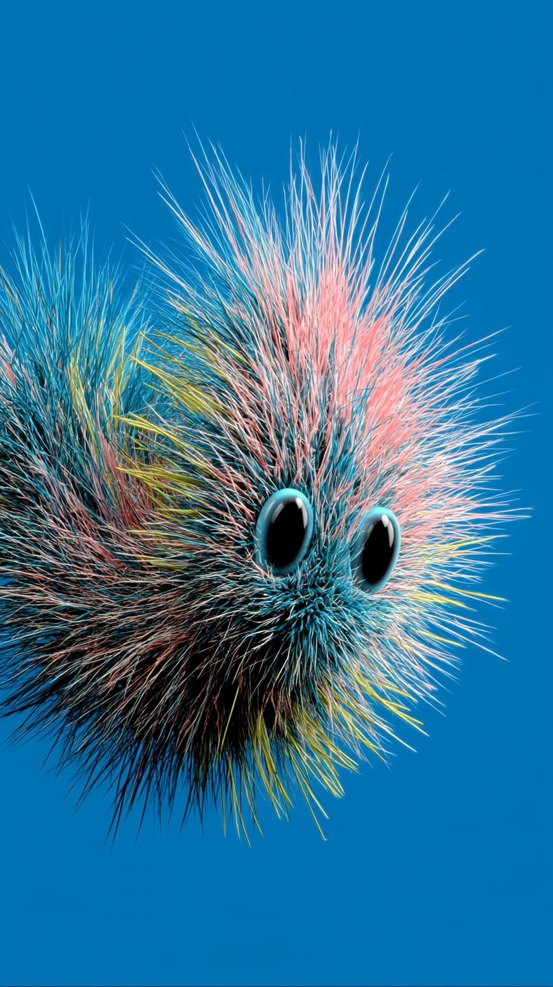 Vibrant fuzzy creature with pink and blue fur and large black eyes against a solid blue background.