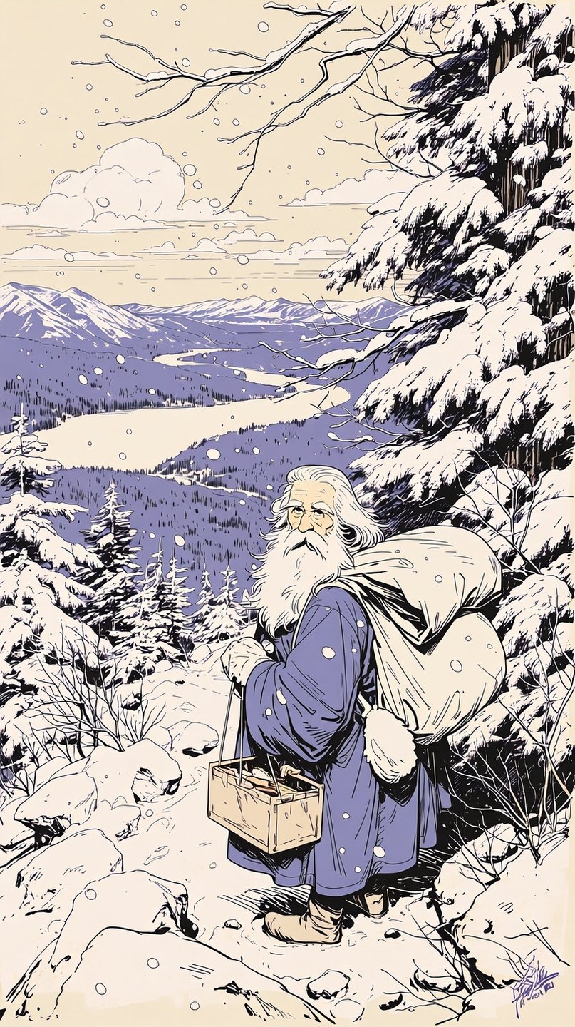 Bearded man in blue robes carries a heavy sack through a snowy mountain landscape in comic style.