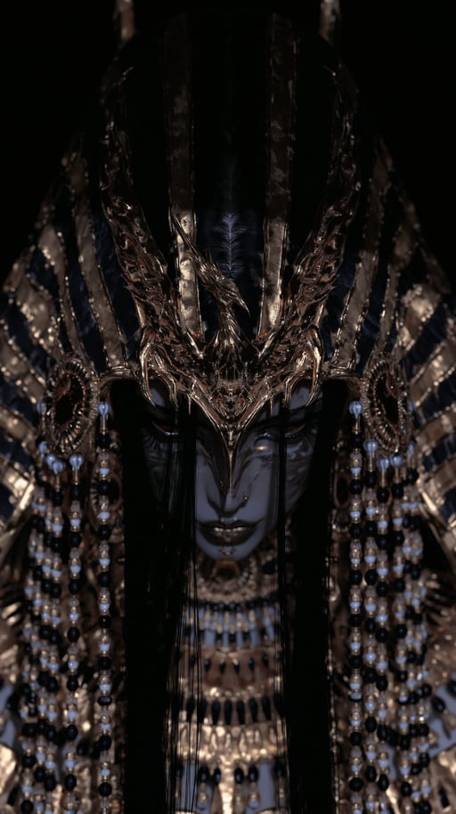 Symmetrical close-up of a dark-skinned fantasy deity wearing an intricate golden Egyptian headdress and beaded jewelry.
