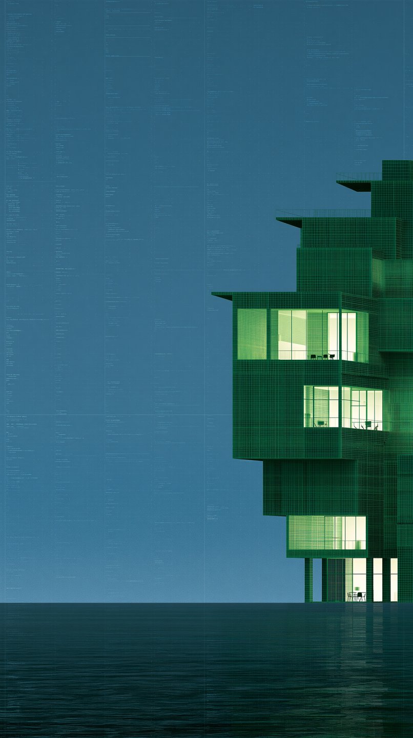 A modular green building with glowing windows stands quietly over a dark, reflective body of water.