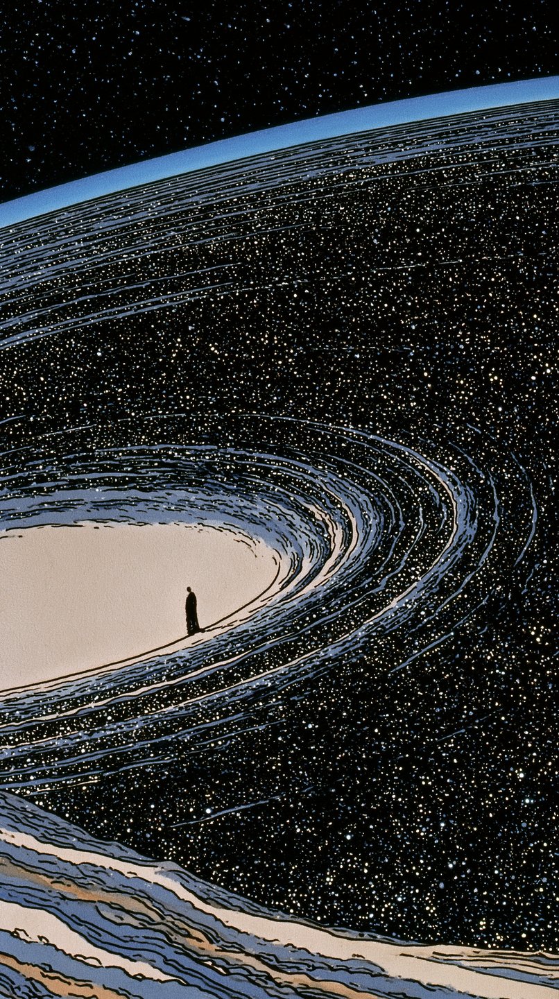 A tiny cloaked silhouette stands on a vast curved planetary ring looking out at a dense starfield.