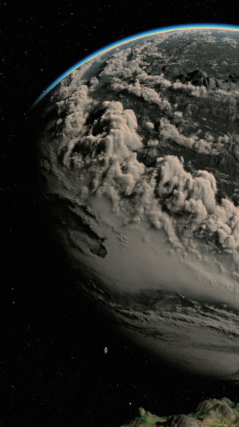 Tiny astronaut floats in the dark void of space next to a massive, cloud-covered exoplanet.