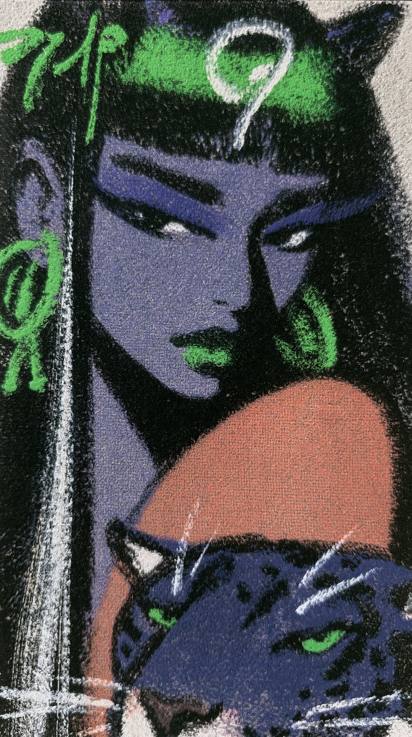 Purple-skinned woman with green makeup stands beside a blue spotted panther in a textured pastel drawing.