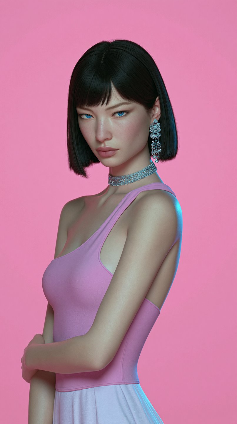 Blue-eyed woman with a black bob and diamond jewelry wearing a pink top against a pink background.