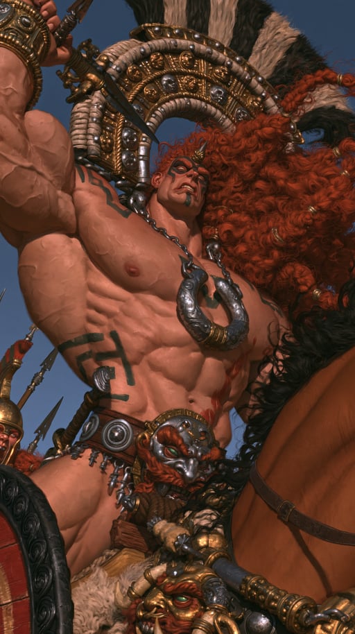 Muscular red-haired barbarian warlord riding a horse, wearing ornate bronze armor and wielding a sword.