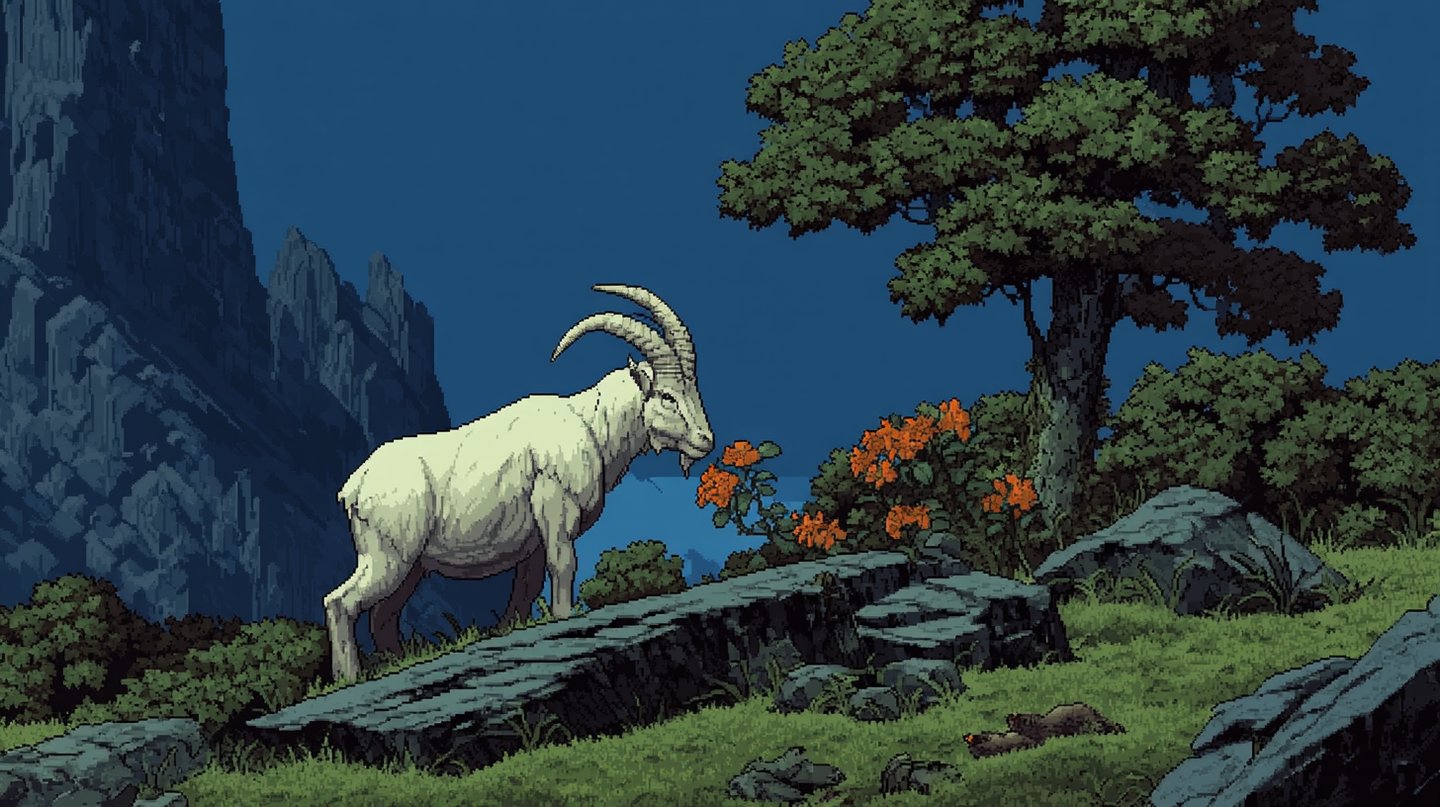 White mountain goat standing on a mossy stone ledge viewing orange flowers against blue pixelated mountains.