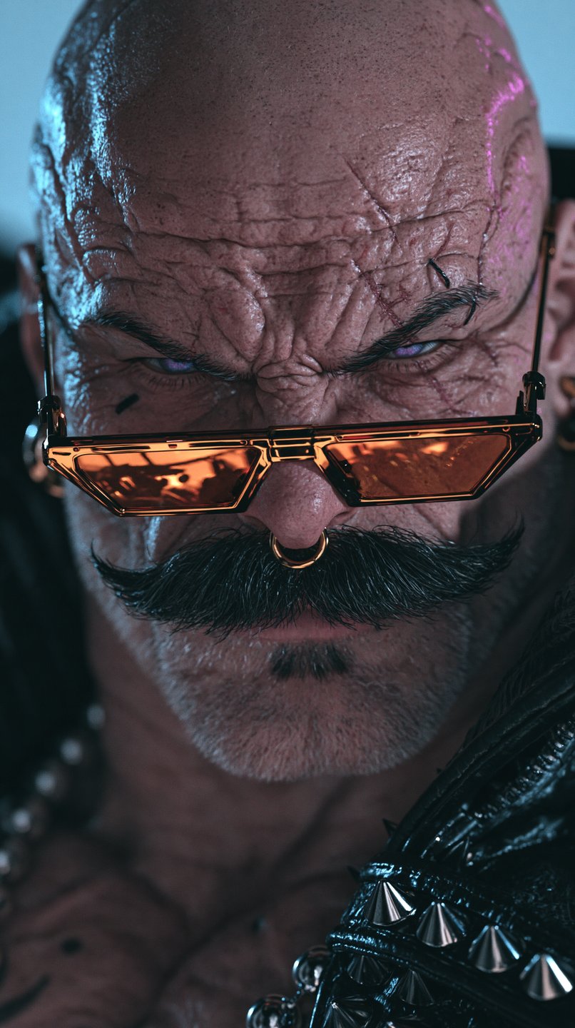 Close-up of a scarred bald man with a handlebar mustache, orange geometric sunglasses, and a studded leather jacket.