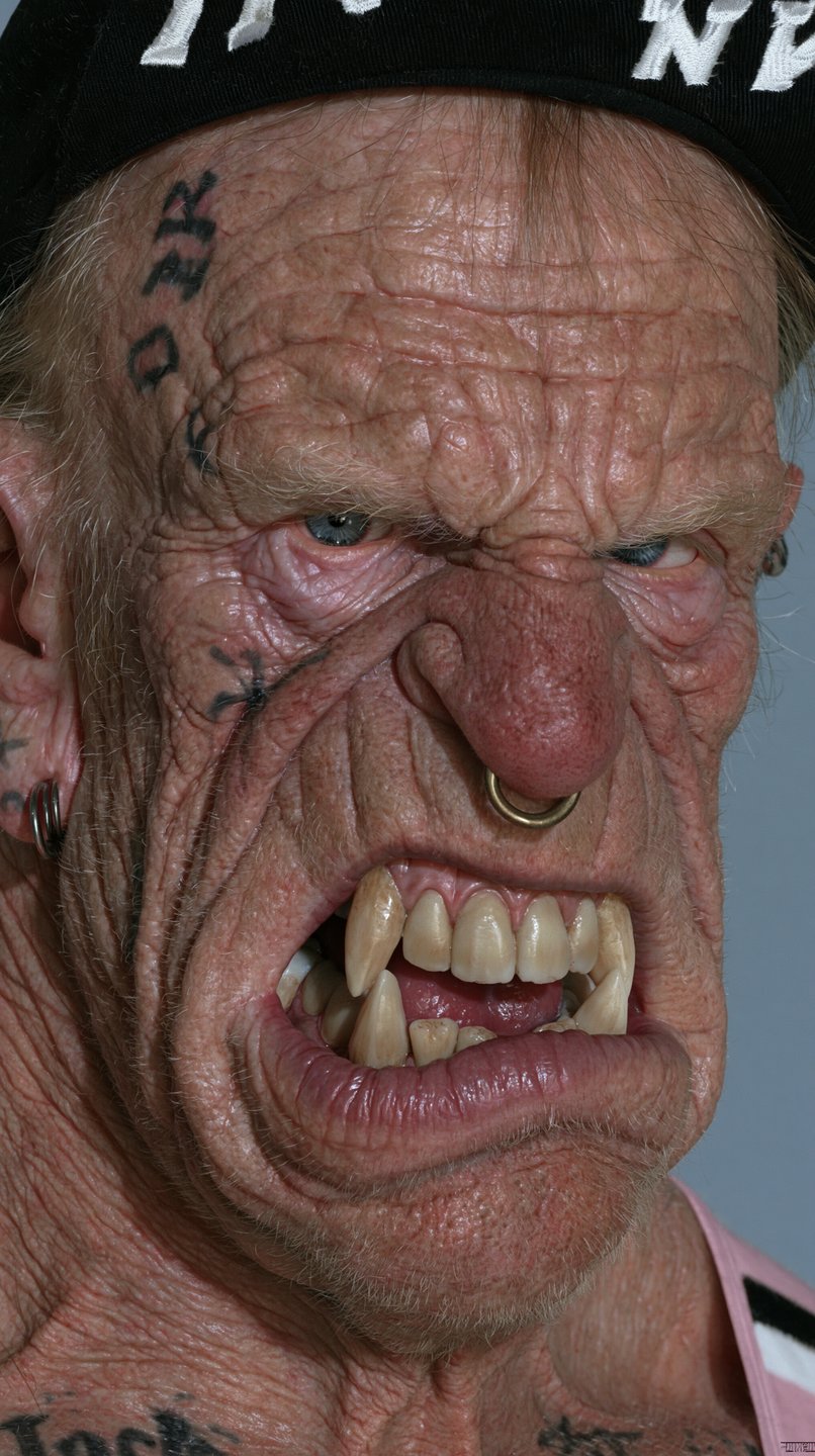 Extreme close-up of a wrinkled punk orc with a septum ring, forehead tattoos, and bared fangs.