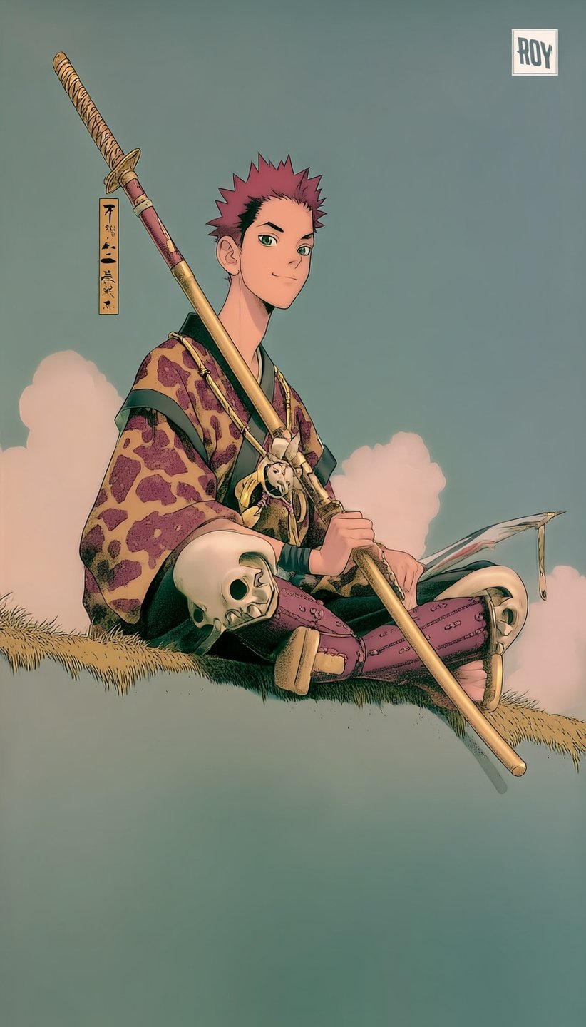 Red-haired anime warrior in leopard-print kimono sits on a grassy ridge holding a long wooden polearm.