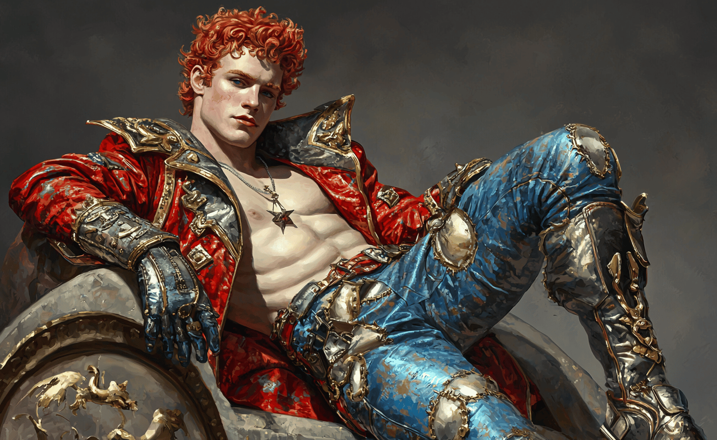 Red-haired young man in ornate scarlet jacket and blue armored pants reclining on a carved stone throne.
