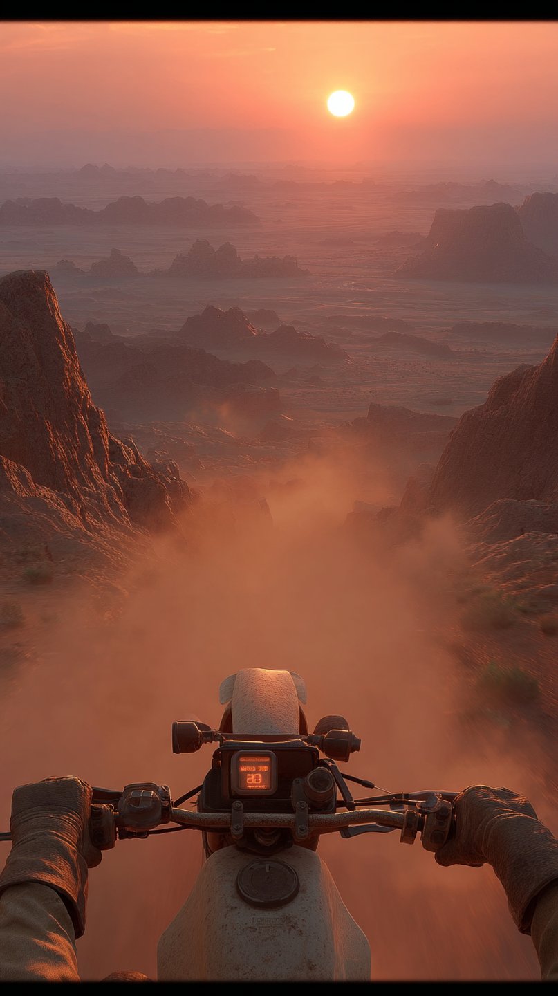 Gloved hands grip motorcycle handlebars while riding through a dusty desert canyon toward a setting sun.