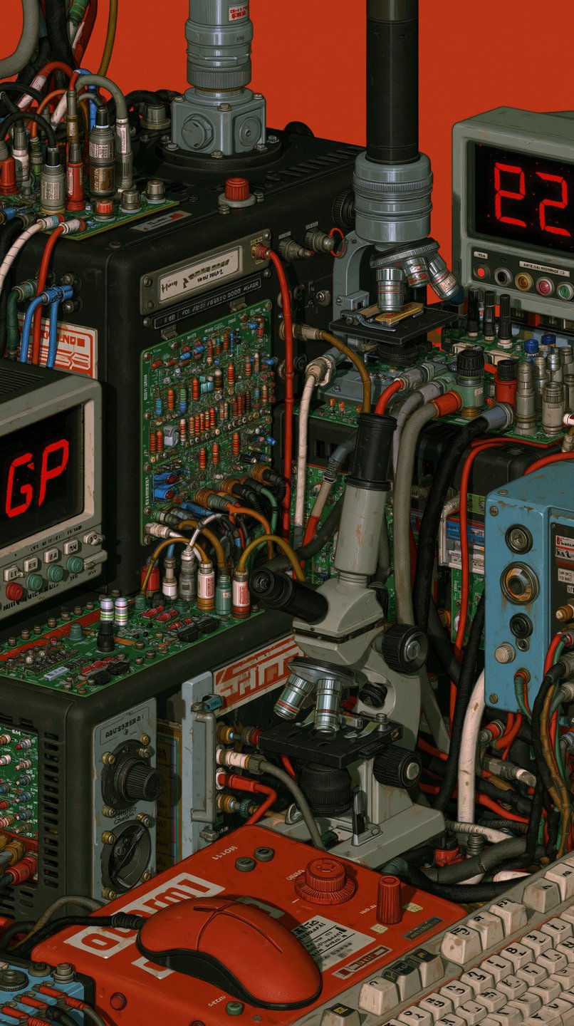 Dense retro-futuristic laboratory equipment featuring microscopes, colorful wires, circuit boards, and digital LED displays.